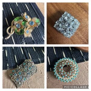 Vintage Brooches bundle Elegant Silver and Green Blue  Jewelry Set